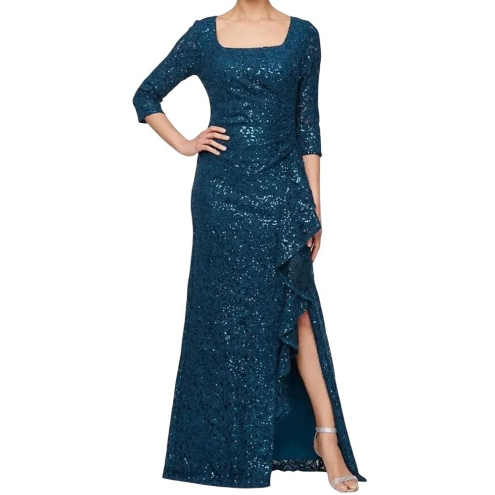 Alex Evenings Dress Women's Size 8 Teal Blue Lace Ruched Formal Long Gown Maxi
